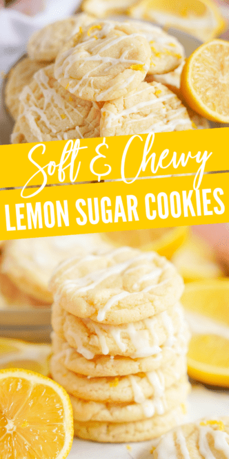 Stacks of soft and chewy Lemon Sugar Cookies Recipe with white drizzle, surrounded by lemon slices.