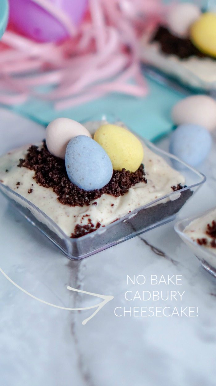 No Bake Mini Cadbury Cheesecake Recipe with Easter Eggs.