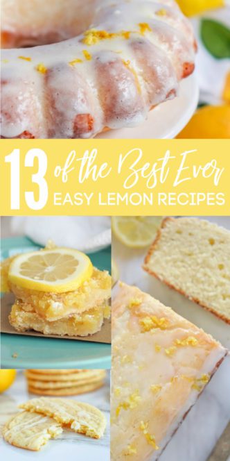 Four images of lemon desserts with text overlay.