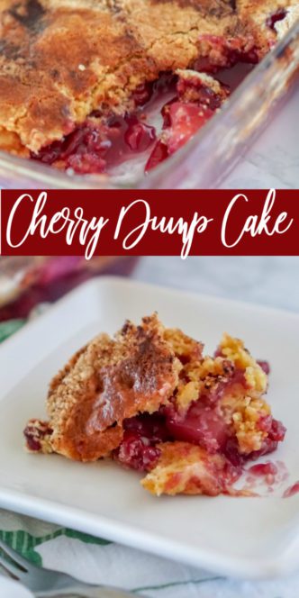 A cherry dump cake in a baking dish and on a plate.