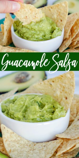 Guacamole salsa recipe in a bowl with tortilla chips.