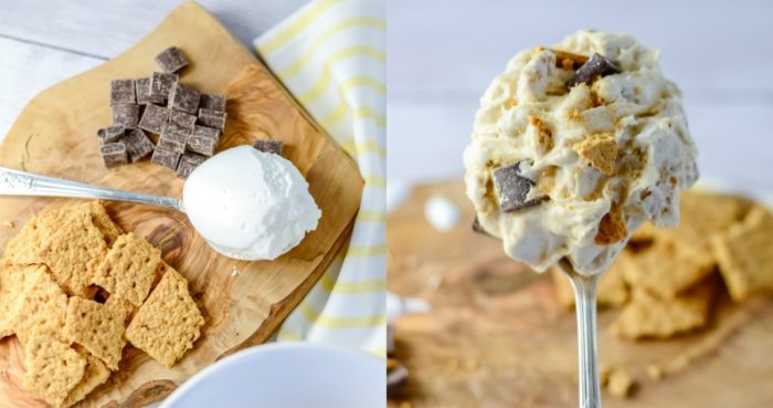 A bowl of S'mores fluff and a spoonful of it.