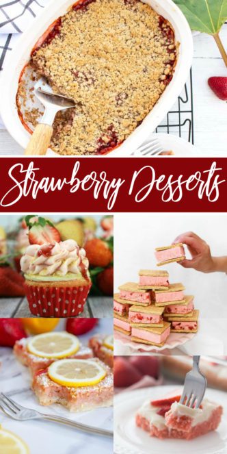 A collage of five strawberry desserts.