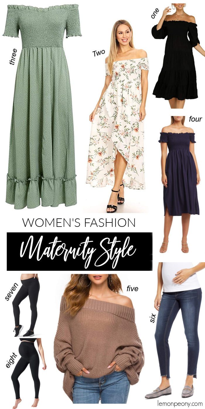 A collage of 8 different maternity outfits.