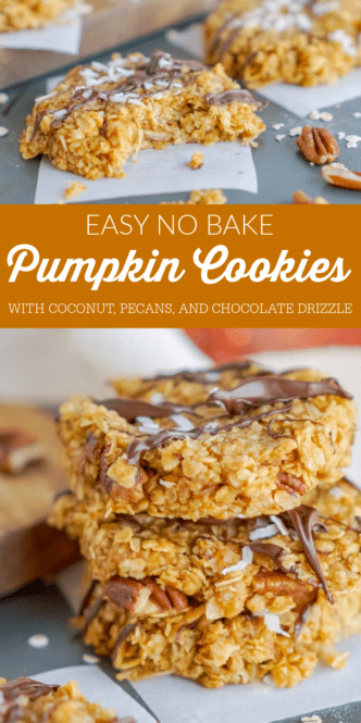 No-bake pumpkin cookies with coconut, pecans, and chocolate drizzle.