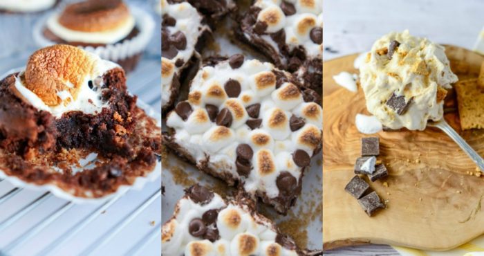 Three images of s'mores desserts.