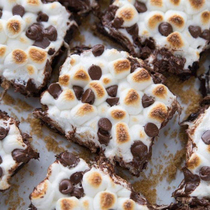 A close-up of a pan of s'mores brownies.