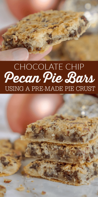 A close-up image of a stack of three chocolate chip pecan pie bars.