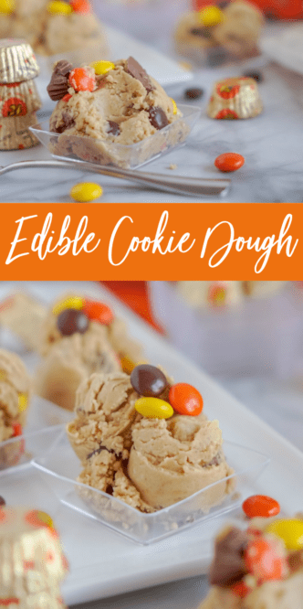 Peanut butter cookie dough with candy pieces.
