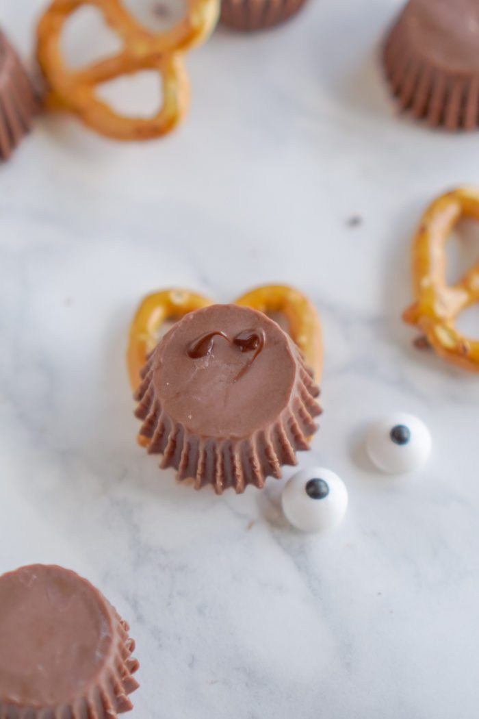 A close-up image of a chocolate candy with pretzel antlers.