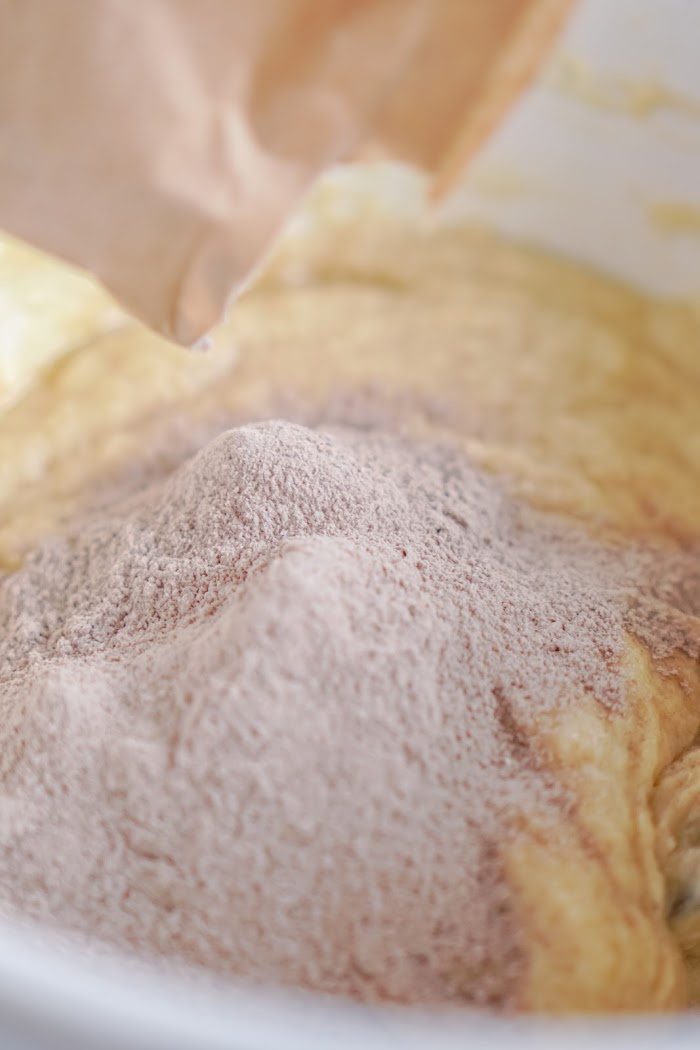 A close-up image of a bowl of cake batter.