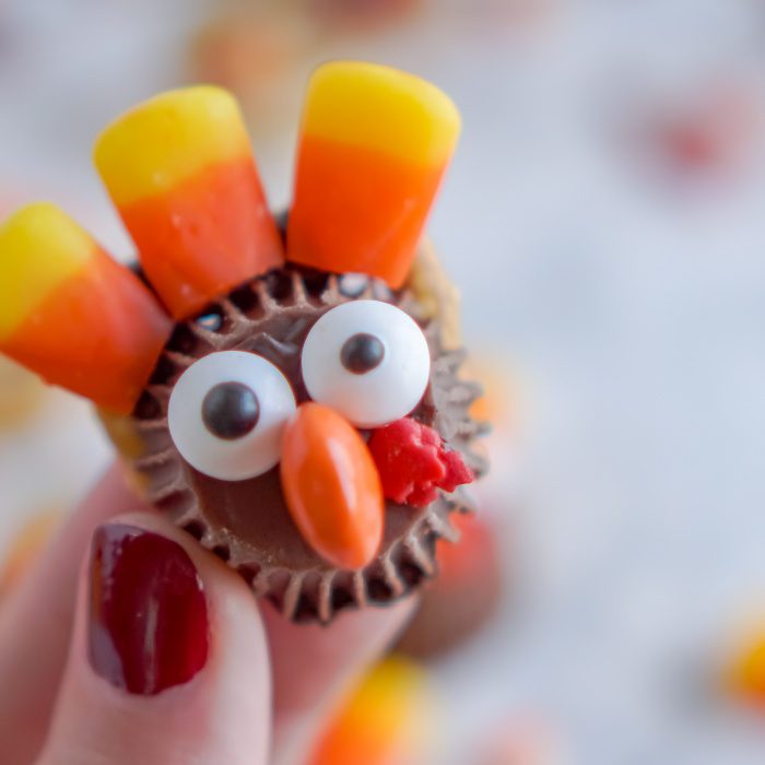 A close-up image of a candy corn turkey.
