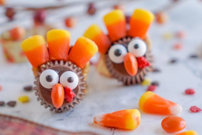 Two chocolate candies decorated to resemble turkeys.