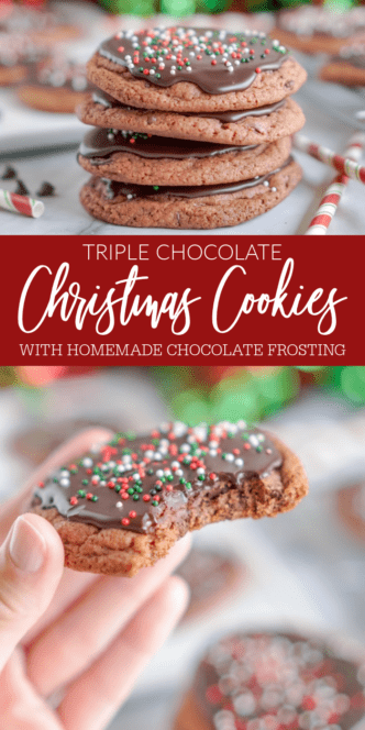 A stack of triple chocolate Christmas cookies with red and green sprinkles.