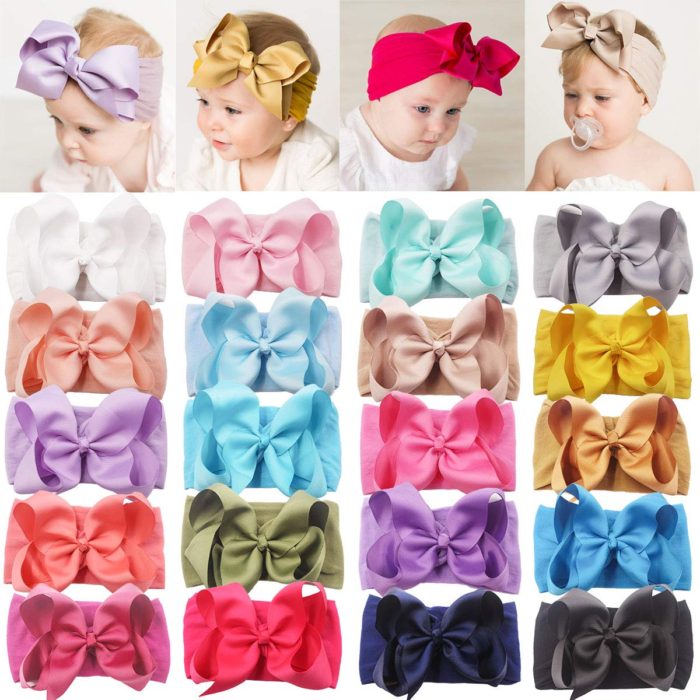 A collage of babies wearing large hair bows.