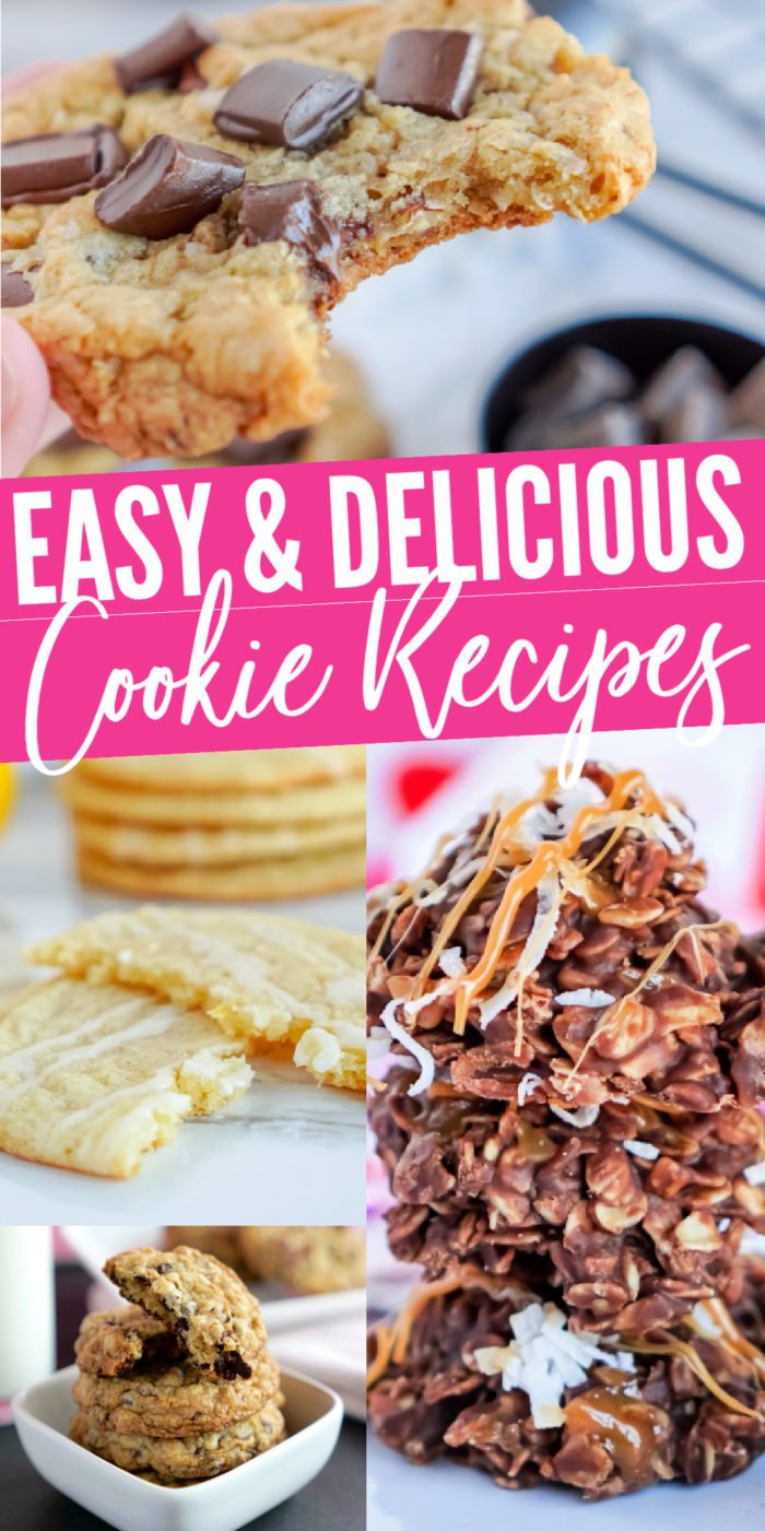 A collage of four images of cookies with text overlay: Easy and Delicious Cookie Recipes.