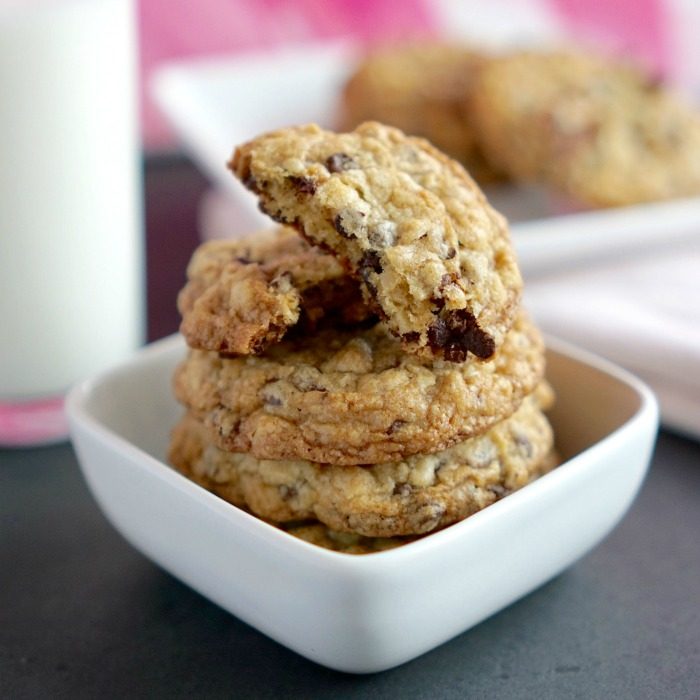 A stack of chocolate chip oatmeal cookies.