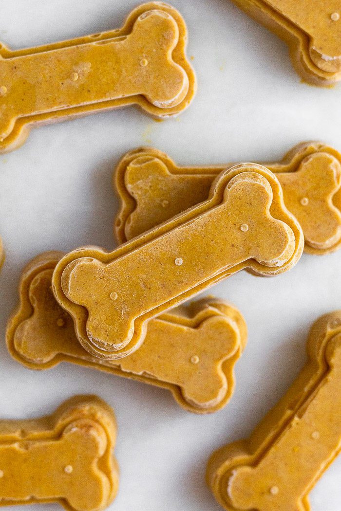 Bone-shaped frozen pumpkin treats for dogs.