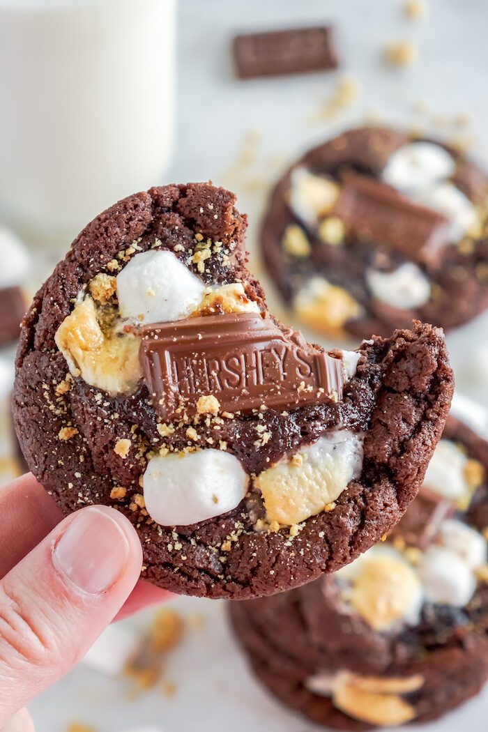 A hand holding a bitten s'mores cookie.