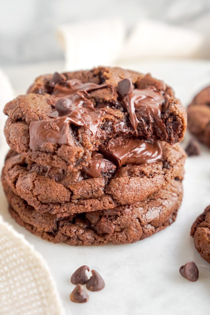 Close up of stack of 3 Triple Chocolate Cookies