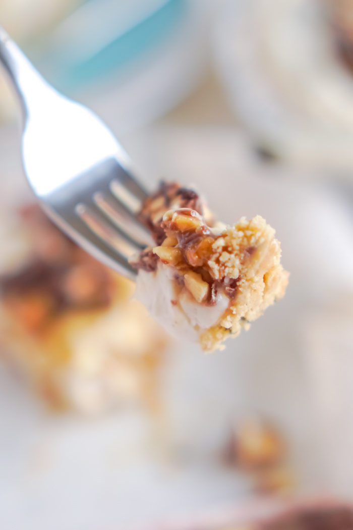 A forkful of cheesecake with graham cracker crust.