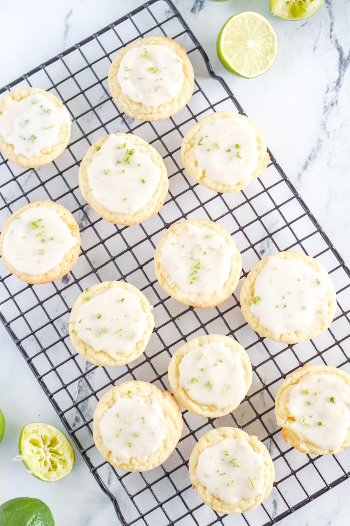 A cooling rack of frosted sugar cookies.