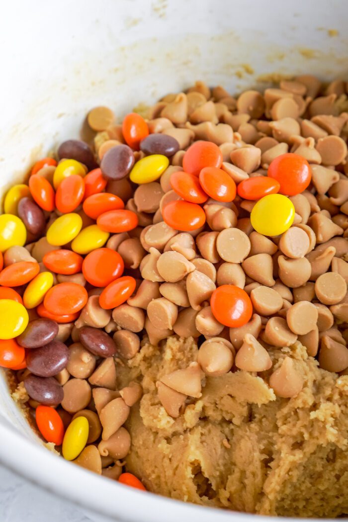 Close up bowl of Reese's pieces and peanut butter morsels