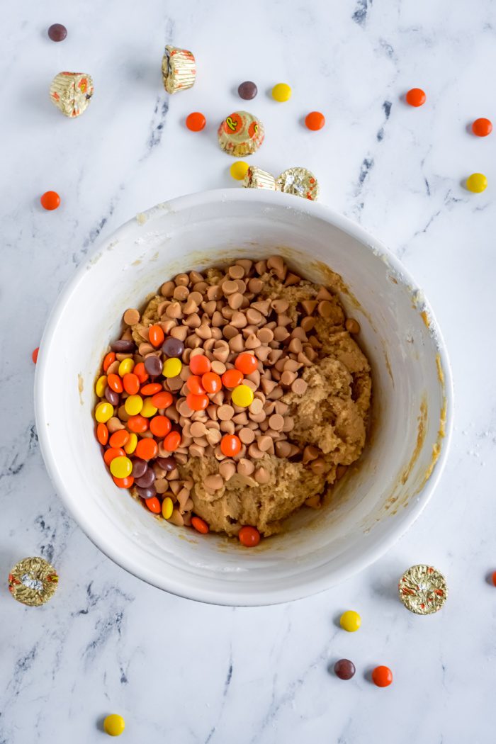 Bowl of reese's pieces and peanut butter morsels