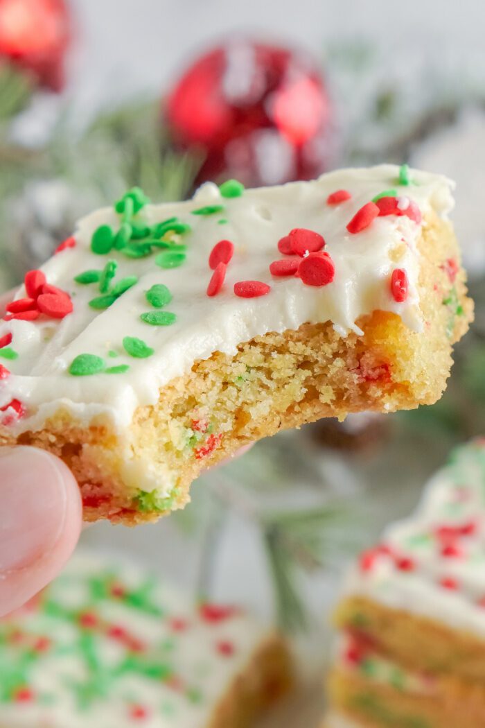 Sugar cookie bar with a bite taken out