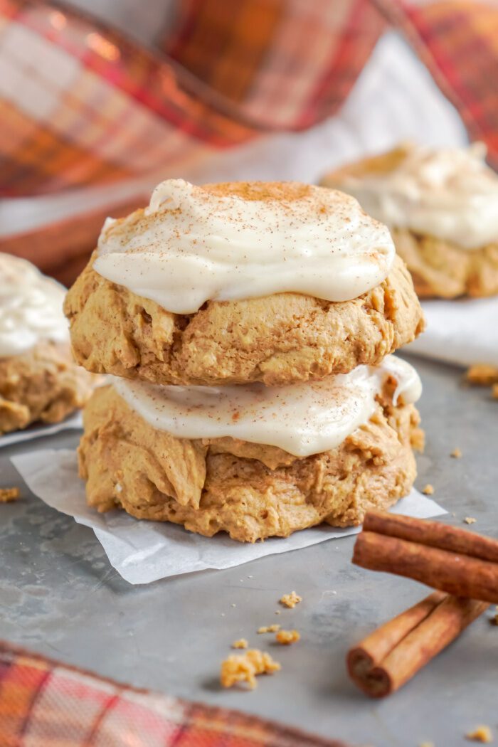 Close up view of two stacked cookies