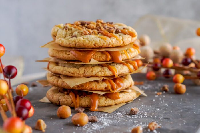 Big stack of salted caramel toffee cookies