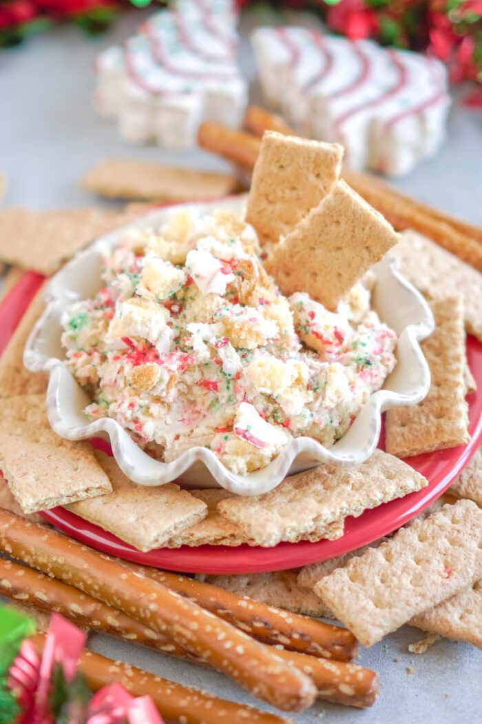 Far away view of bowl of cake dip