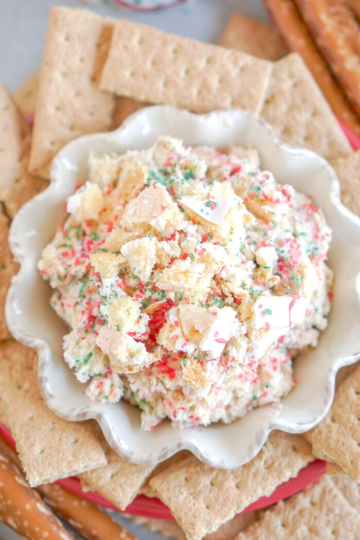 View of bowl of cake dip from above