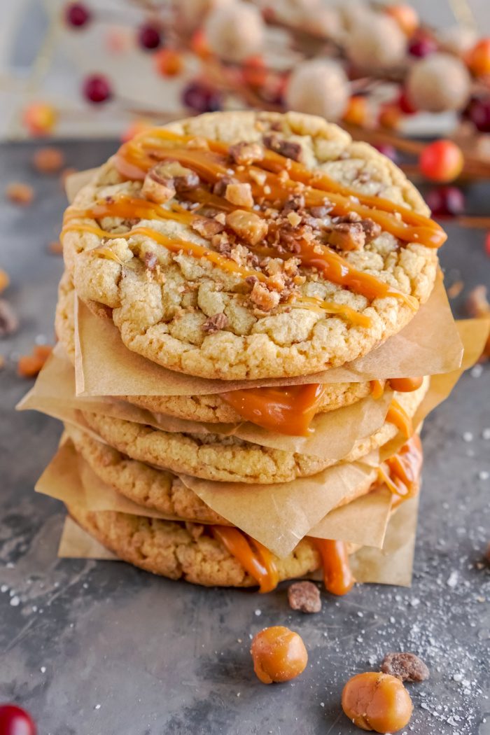 Stack of salted caramel toffe cookies
