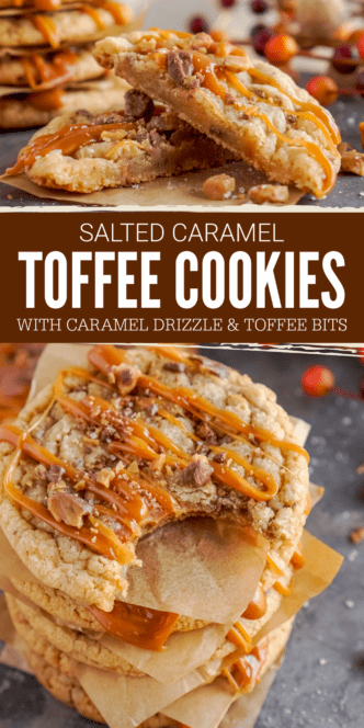 A stack of toffee cookies with caramel drizzle.