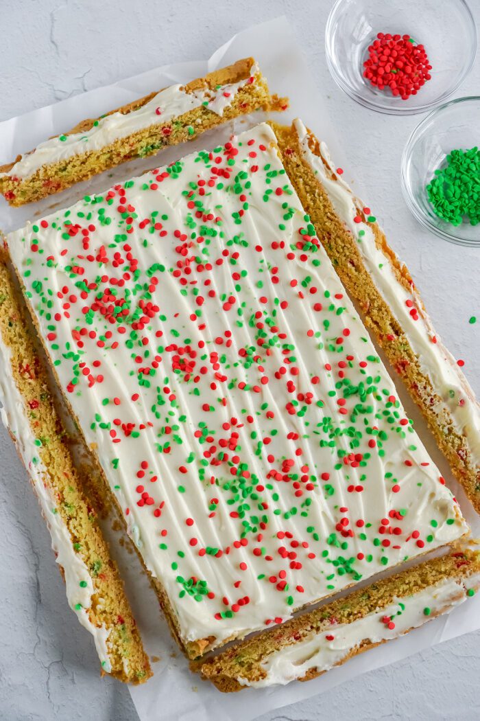 Whole baked cookie bar with edges sliced off