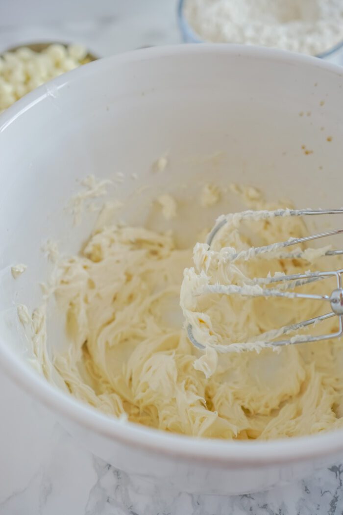 Butter and vanilla creamed together in bowl