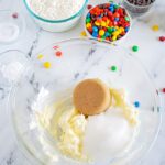 Butter, sugar, and brown added to bowl