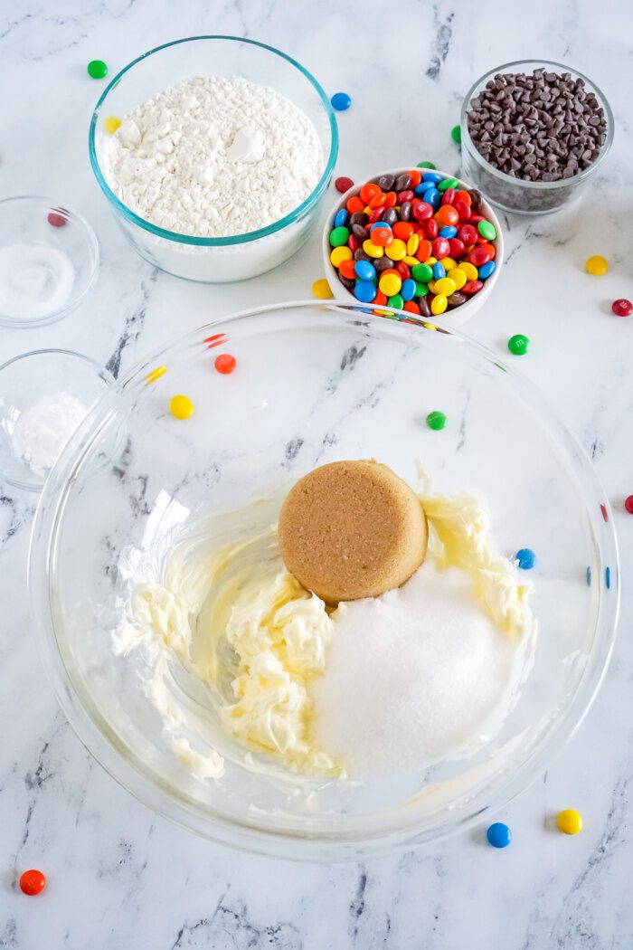 Butter, sugar, and brown added to bowl