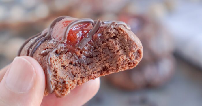 Wide view of someone holding cookie with a bite taken out