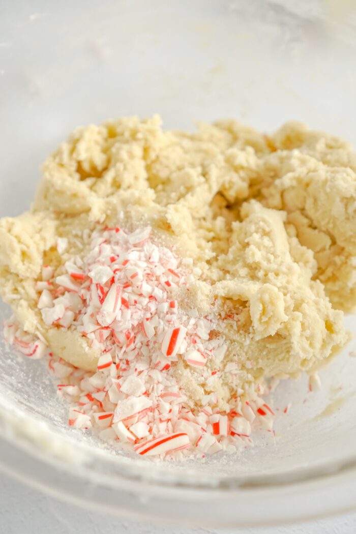 Crushed candy canes added to cookie dough