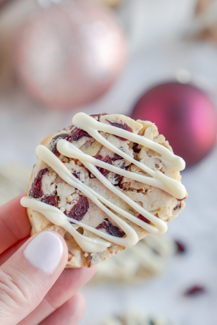 Someone holding a cranberry shortbread cookie