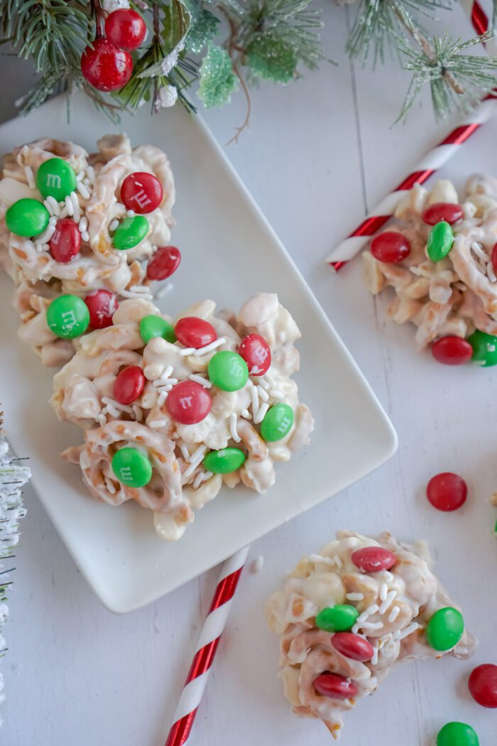 Above view of Christmas candy on plate