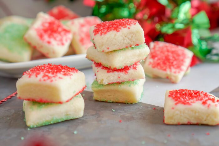 Multiple Stacks of Mini Christmas Sugar Cookie Bites