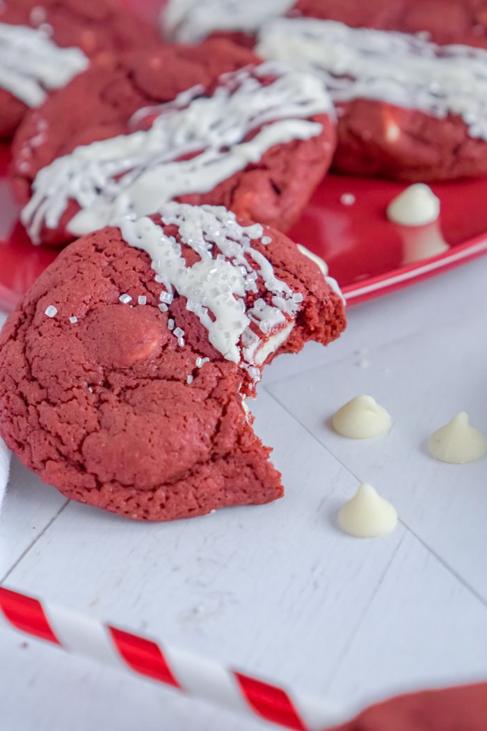 A Red Velvet Cookie With a Bite Taken Out