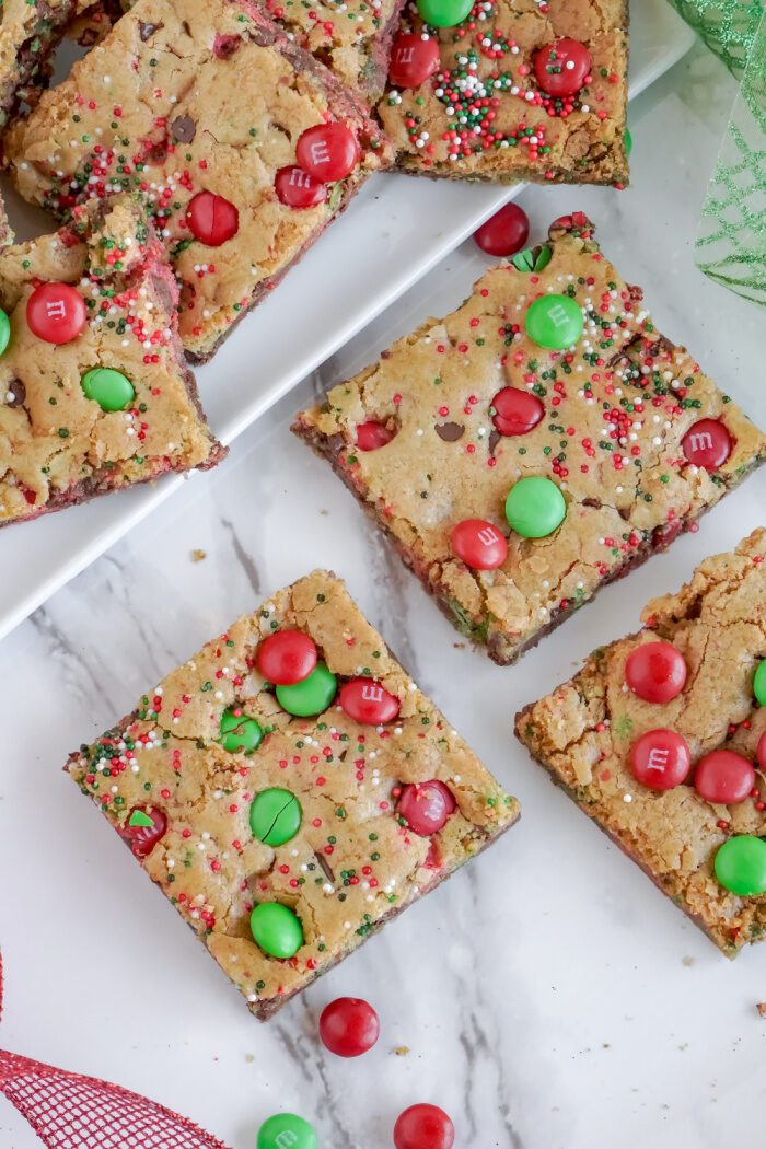 Above View of Chocolate Chip M&M Bars On and Off a Plate