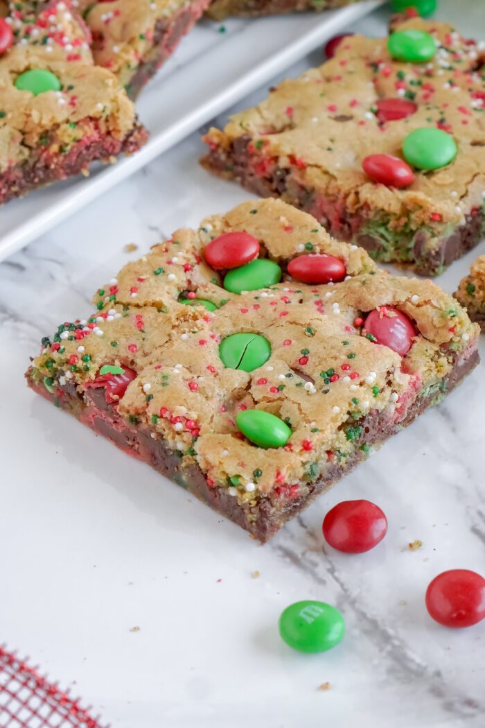 Close Up of a Chocolate Chip M&M Cookie Bar