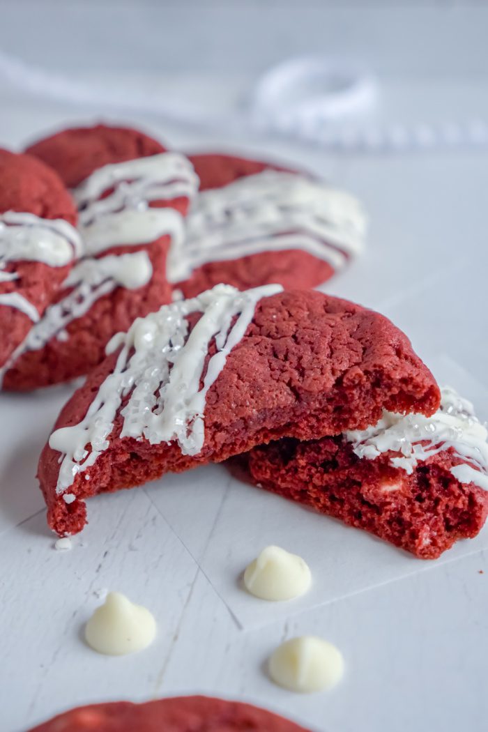 A Red Velvet Cookie Sliced In Half