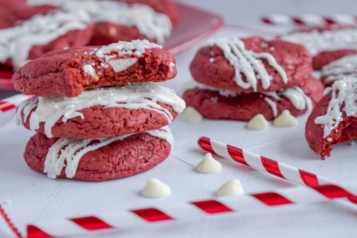 Wide View of Red Velvet Cookies Stacked On Top Of Each Other