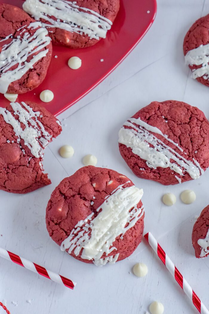 An Above View Of Red Velvet Cookies On and Off a Plate